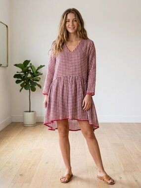 Péro Red & white Gingham V-Neck Swing Dress 100% linen size 44 12 XL boho